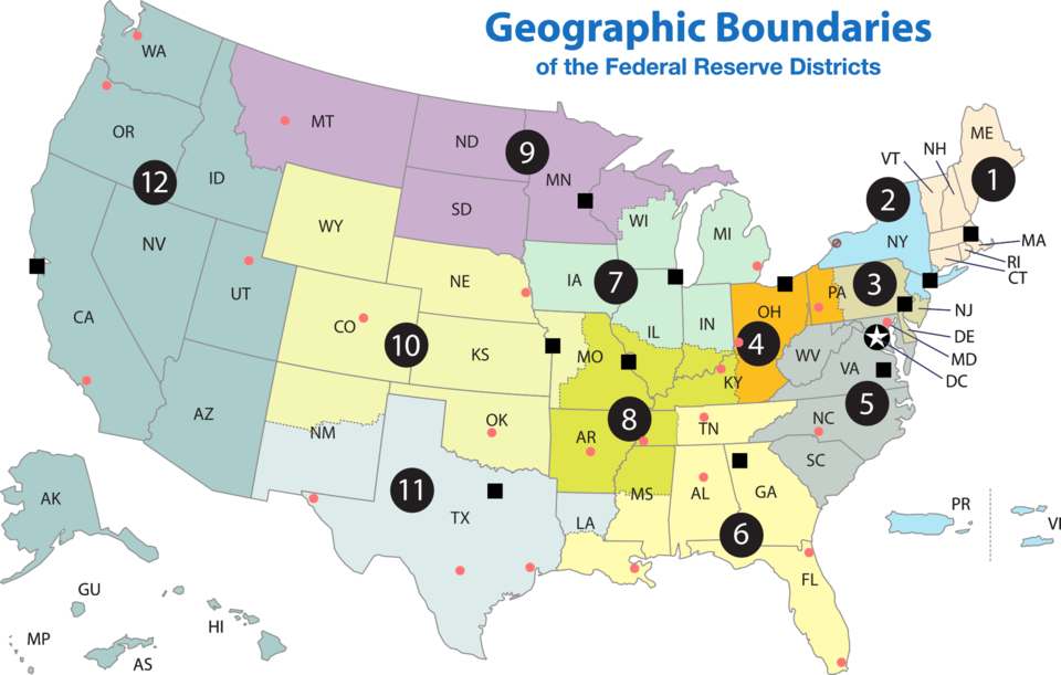 Map of Federal Reserve districts. Source: [ChrisnHouston](https://commons.wikimedia.org/wiki/User:ChrisnHouston) on [Wikimedia Commons](https://commons.wikimedia.org/wiki/File:Federal_Reserve_Districts_Map_-_Banks_%26_Branches.png).